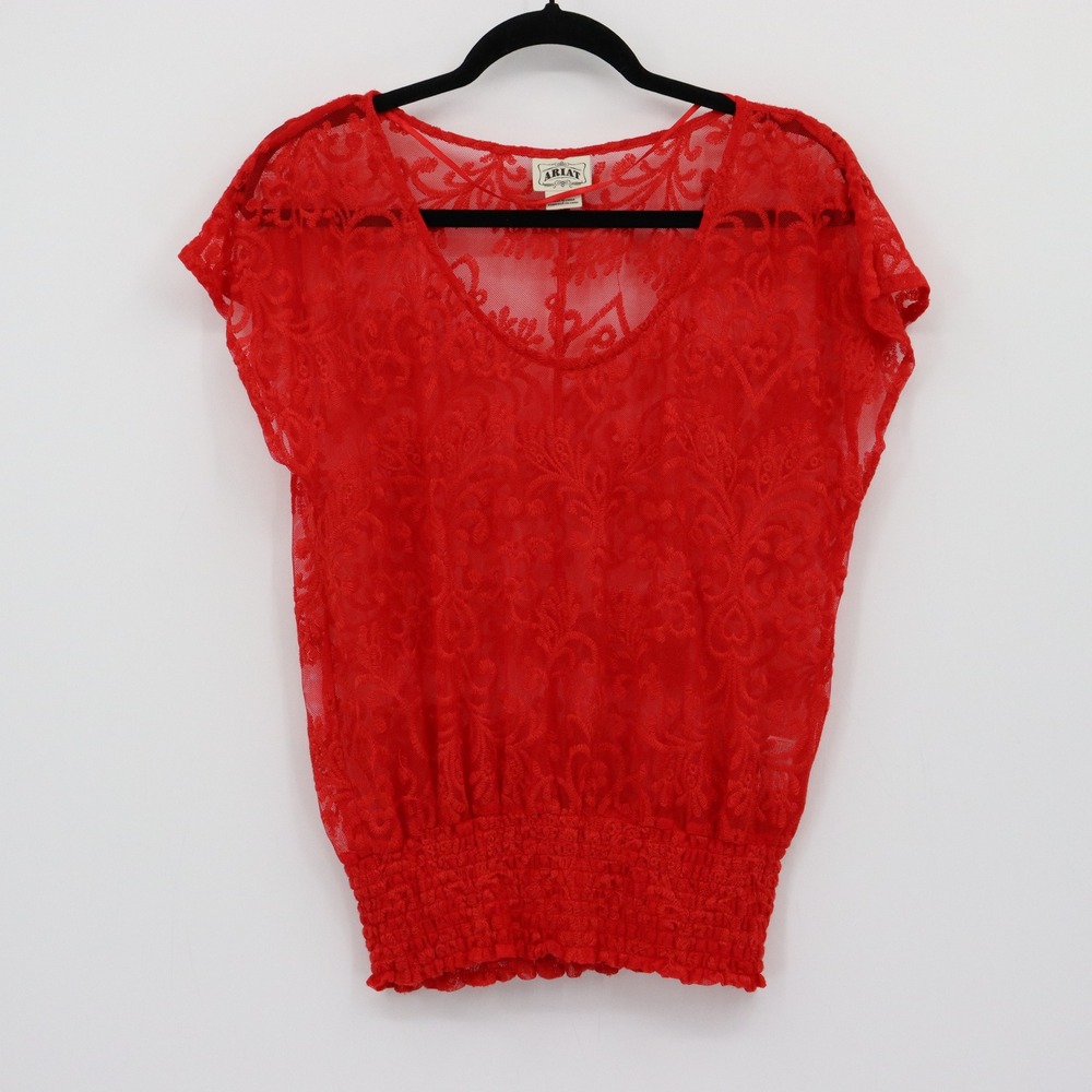 Ariat Sheer Embroidered Top Womens S Red Smocked Lace Boho Westeren Bohemian‎